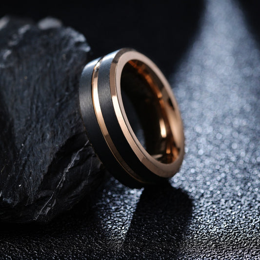 Men's Steel Rose Gold Black Ring