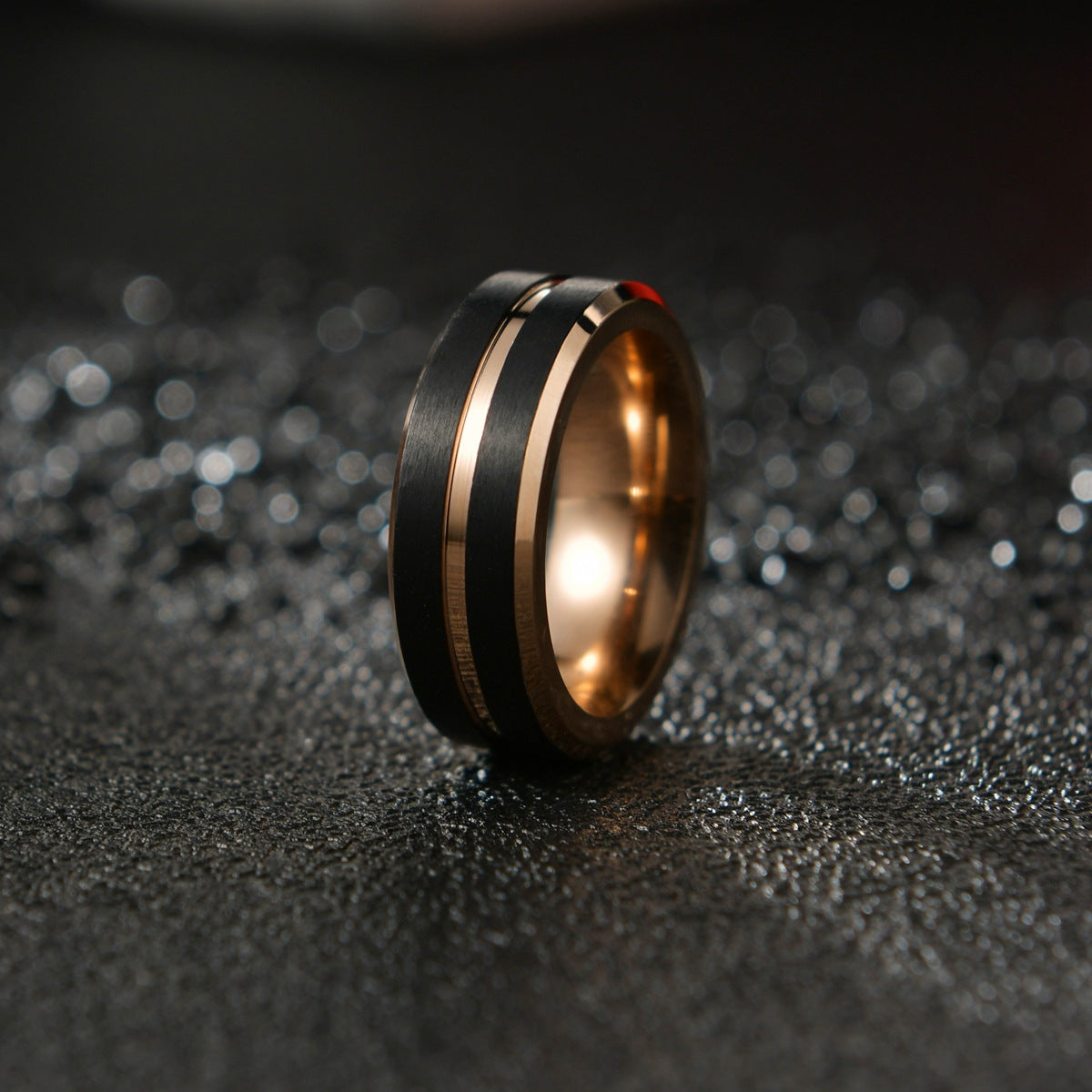 Men's Steel Rose Gold Black Ring