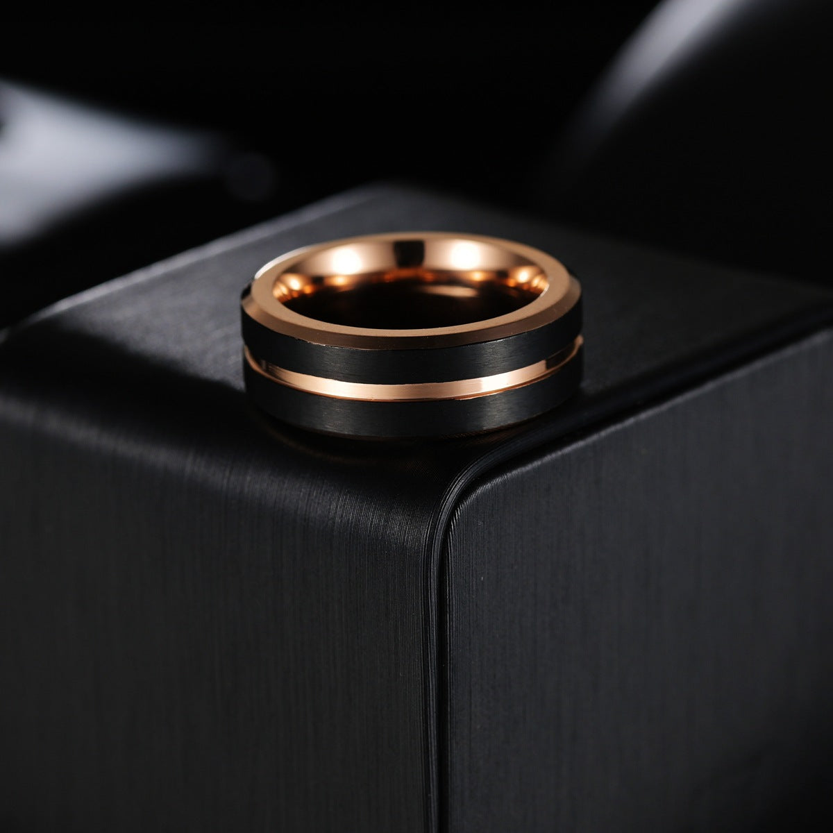 Men's Steel Rose Gold Black Ring